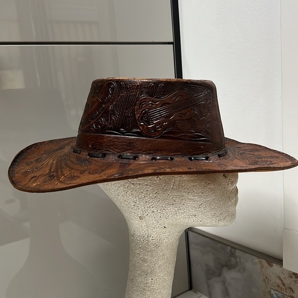 Vintage Leather Hand Tooled Hand Made Leather Western Gaucho Hat Sz 7 1/2 main image 8